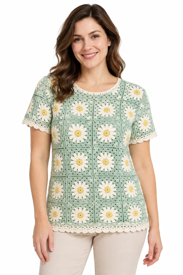 AI concept of a mint crochet tunic with daisy motifs.