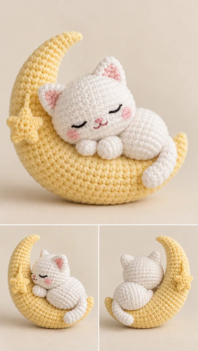 AI concept of a white crochet-look cat with pink ears sleeping curled up on a yellow crescent moon, shown from two angles.