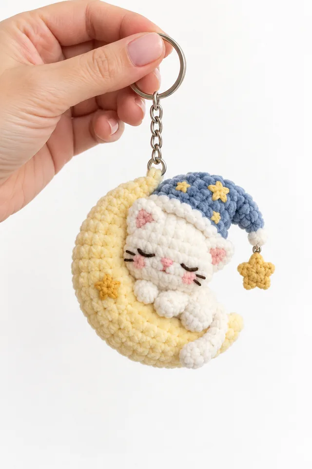 AI concept of a tiny crochet-look white cat sleeping curled on a yellow crescent moon, wearing a blue starry nightcap with a hanging star charm.