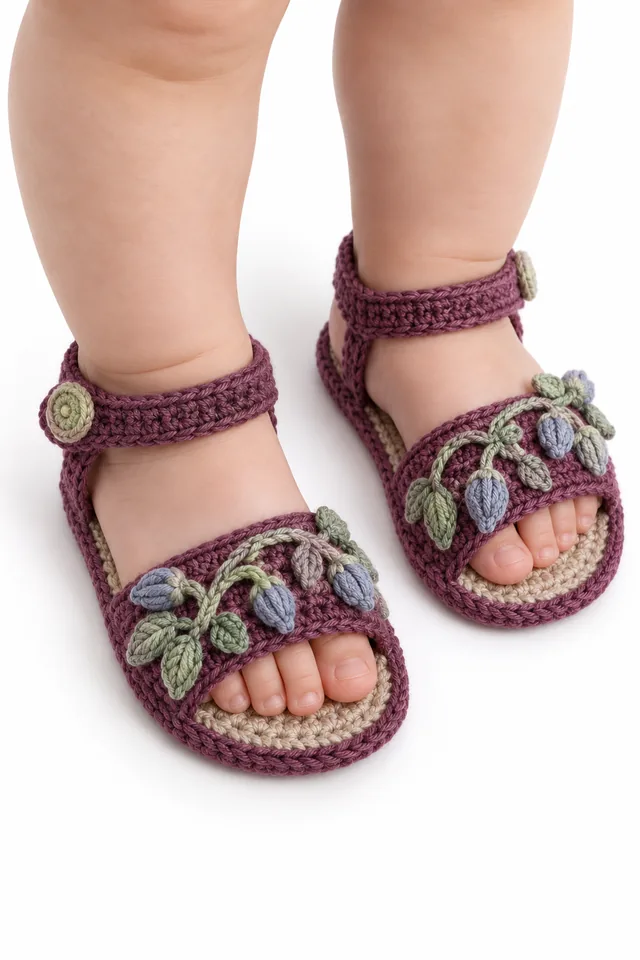 AI concept of mulberry crochet baby strap sandals with blue star flowers.