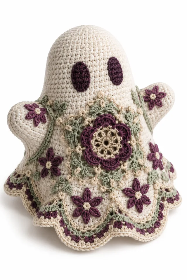 AI concept of a mulberry crochet cushion with a friendly ghost and clematis stars.