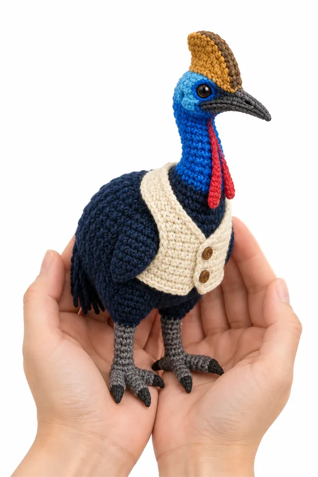 AI concept of a navy crochet cassowary amigurumi with casque and vest.