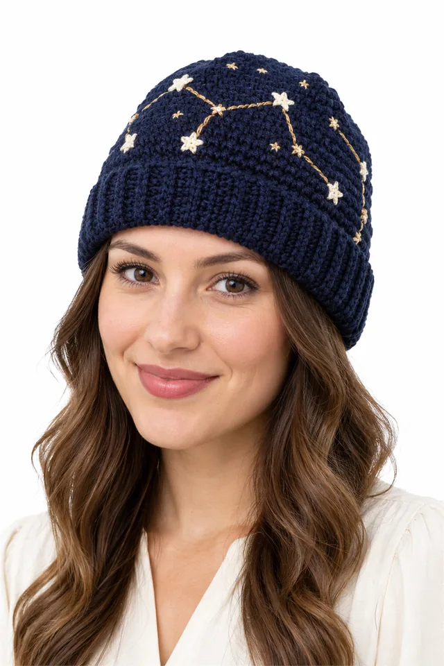 AI concept of a navy crochet beanie with star constellation pattern.
