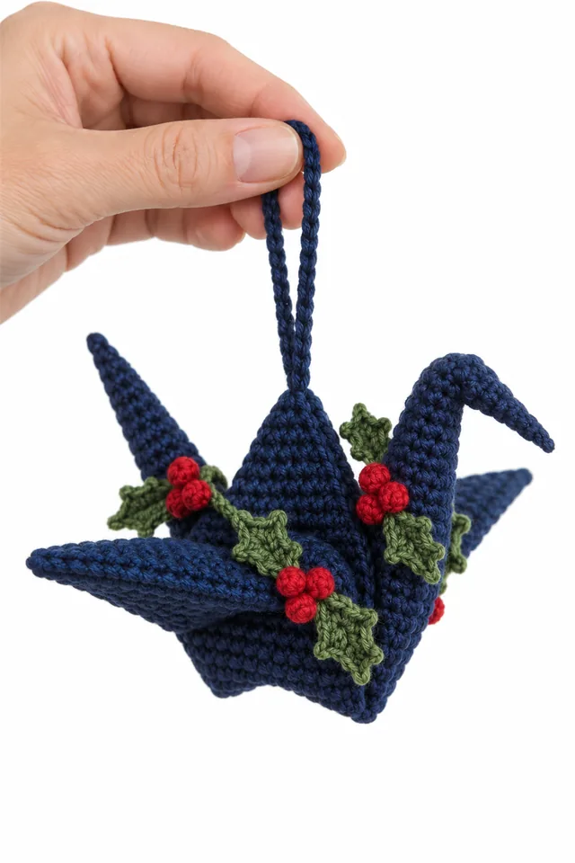 AI concept of a navy crochet ornament shaped like an origami crane.