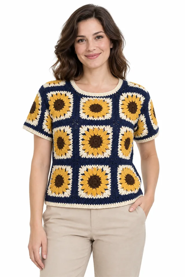 AI concept of a navy crochet top with a large sunflower square motif.