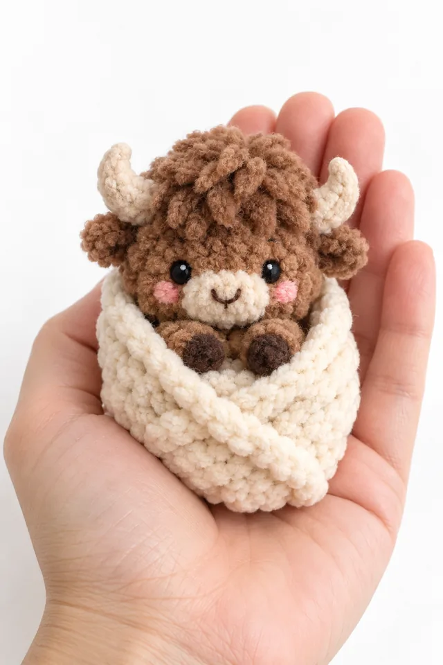 AI concept of a tiny crochet-look brown Highland cow calf with fluffy hair and horns sitting inside a cream crocheted nest, held in a hand.