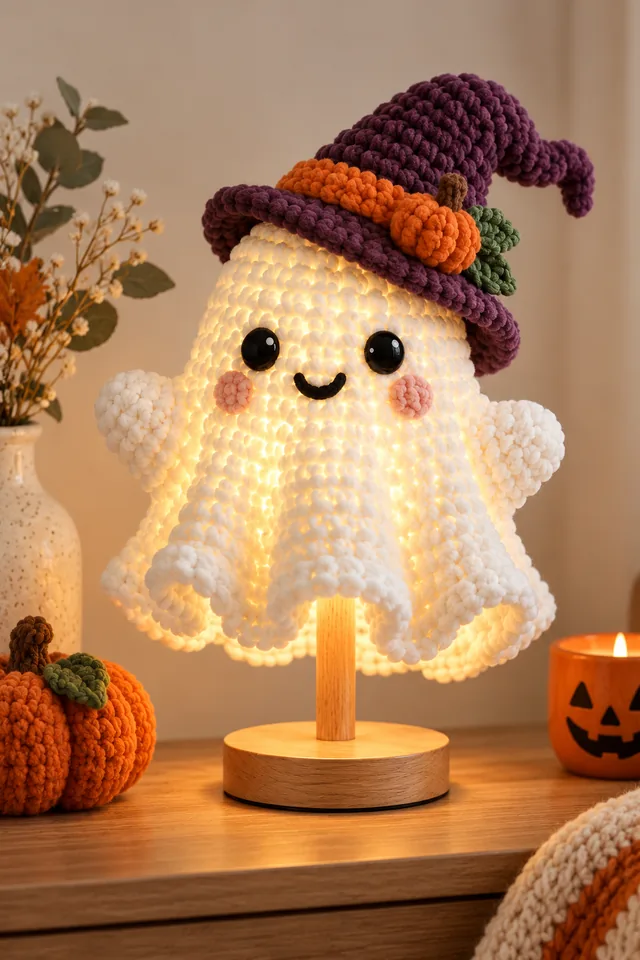 AI concept of a glowing crochet-look white ghost lamp wearing a purple and orange witch nightcap with a tiny pumpkin, mounted on a round wooden base.