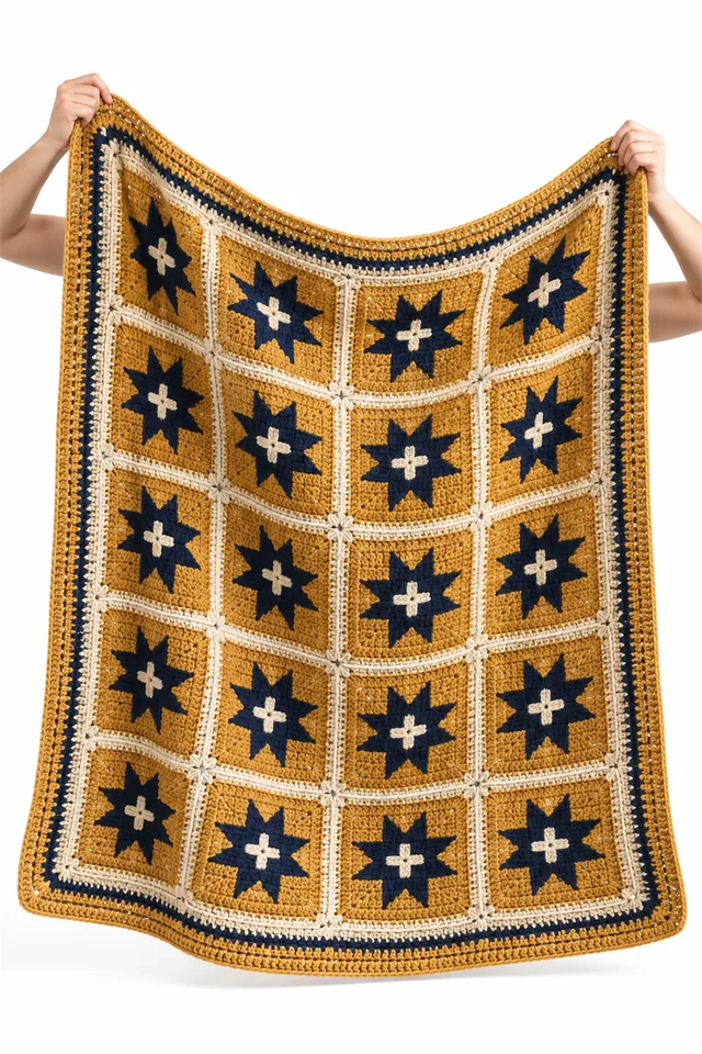 AI concept of an ochre crochet throw with star and cross antique tile motifs.