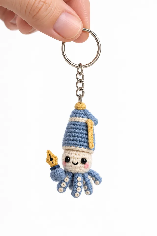 AI concept of a tiny crochet-look octopus keychain wearing a blue striped nightcap with a yellow tassel, holding a gold fountain pen.
