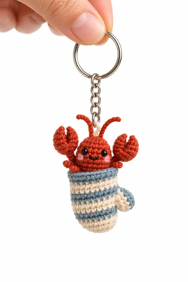AI concept of a tiny crochet-look red lobster keychain with black eyes and pink cheeks, sitting inside a blue-and-cream striped oven mitt.