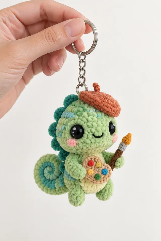 AI concept of a tiny crochet-look green turtle keychain wearing an orange beret, holding a paint palette and brush, hanging from a key ring.