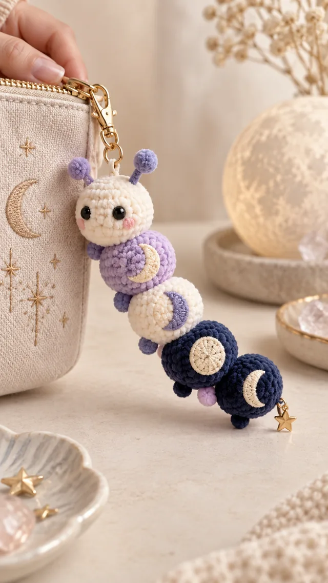 AI concept of a kawaii crochet caterpillar bag charm in pastel purple segments.