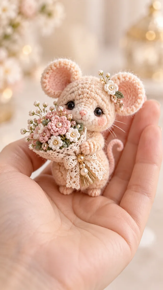 AI concept of a peach crochet mouse with round ears, a pink and white bouquet, a flower by one ear and a pale lace-like outfit.