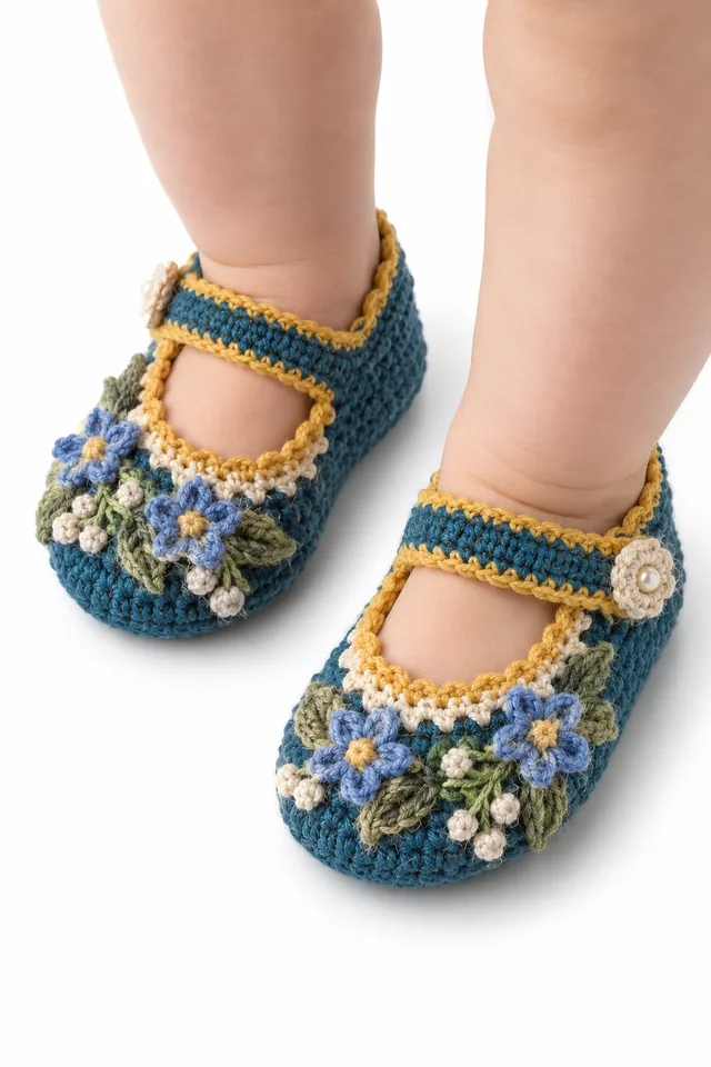 AI concept of petrol blue crochet Mary Jane baby shoes with star flowers.