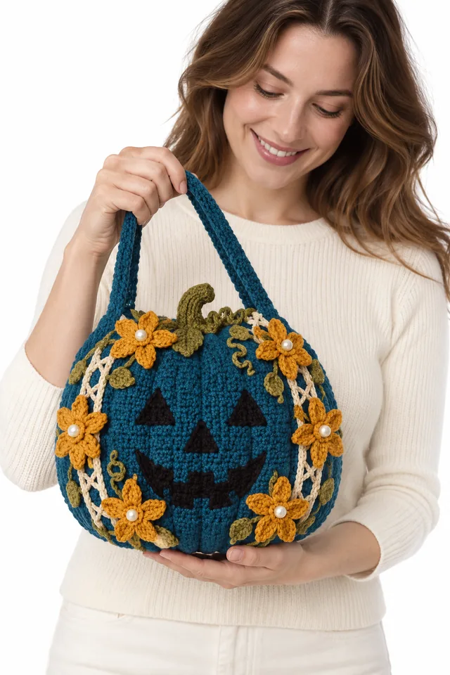 AI concept of a petrol blue crochet pumpkin-shaped bag with clematis star pattern.