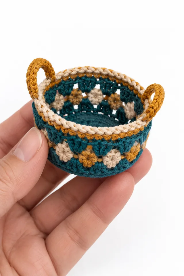 AI concept of a miniature petrol teal crochet bread basket with openwork pattern.