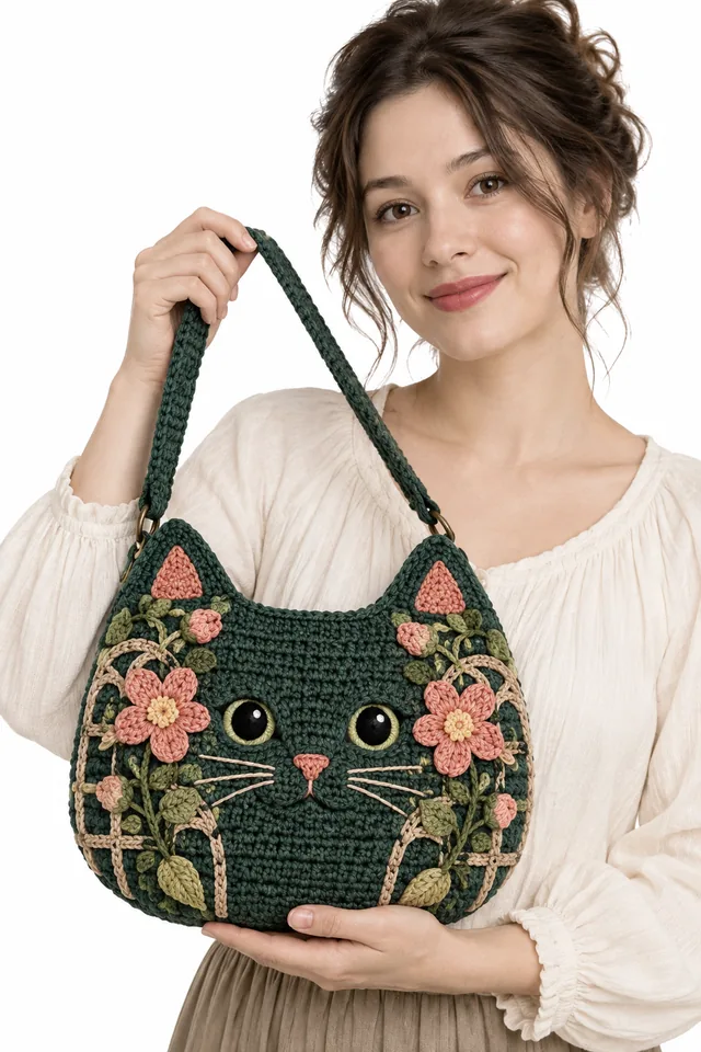 AI concept of a pine green crochet pouch with a black cat silhouette and clematis stars.