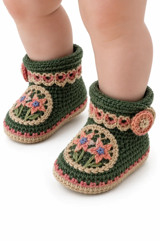AI concept of pine green crochet baby slipper boots with blue star flowers climbing the front.