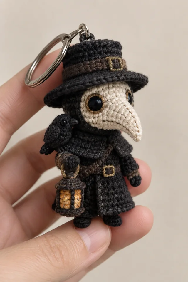 AI concept of a chibi crochet plague doctor keychain with beak mask and lantern.
