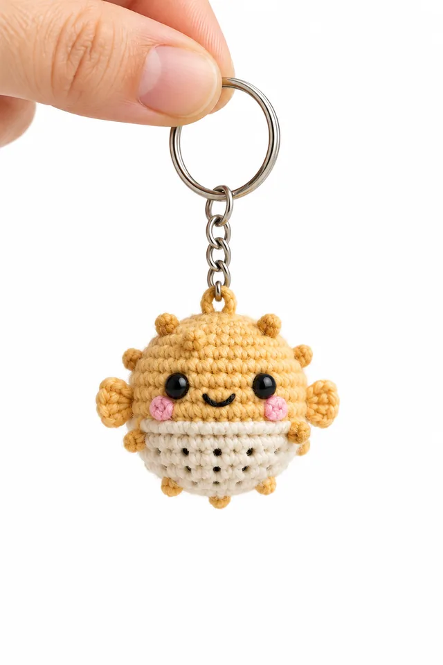 AI concept of a tiny crochet-look pufferfish keychain in yellow and cream with black eyes, pink cheeks and little nubs, hanging from a metal ring.