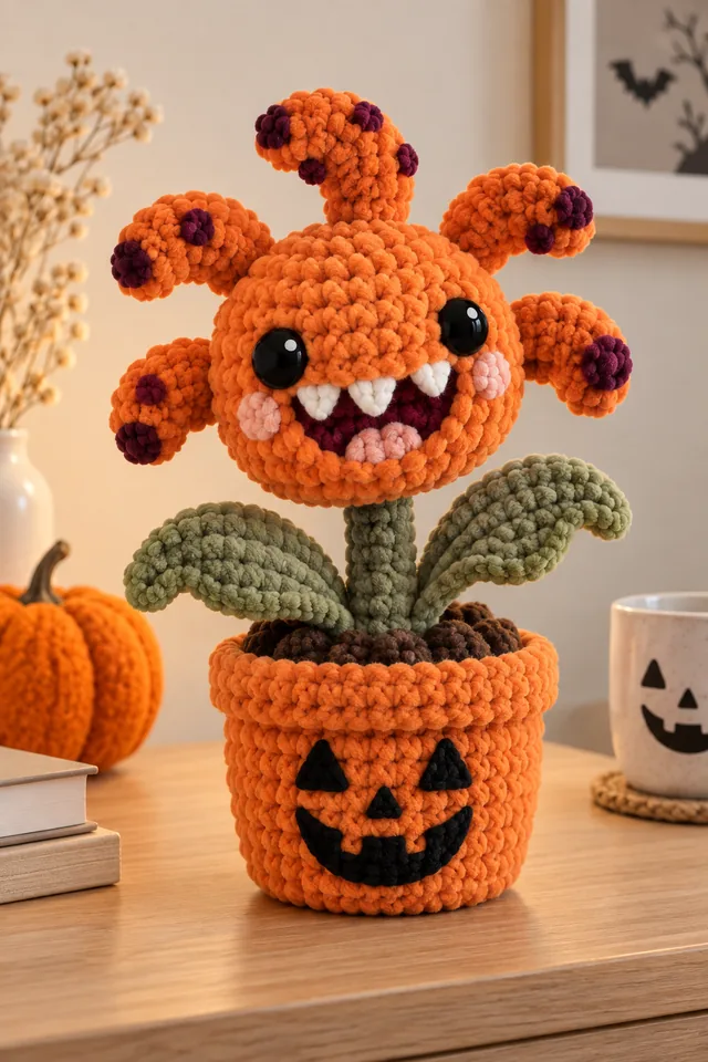 AI concept of a crochet-look orange jack-o-lantern pot with a carved grin, sprouting a spotted orange carnivorous plant with big eyes and white fangs.