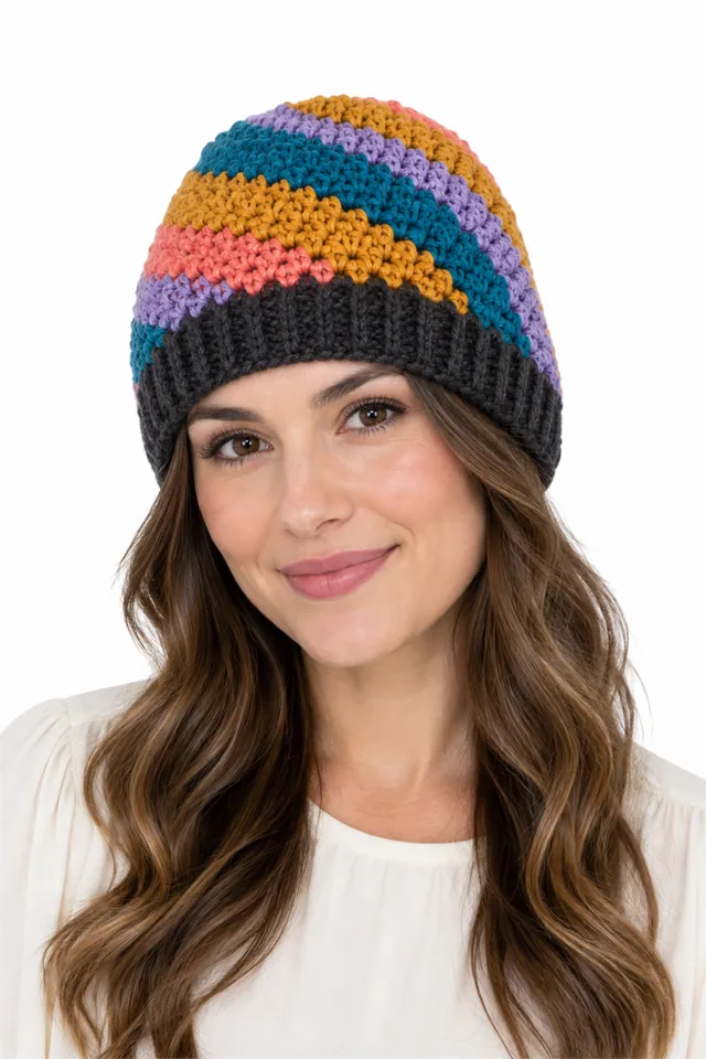 AI concept of a crochet beanie with a rainbow spiral swirling from the crown.