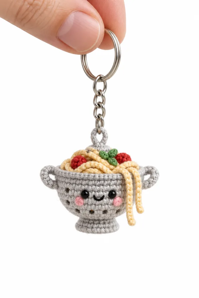 AI concept of a tiny crochet-look gray ramen cup keychain with a smiling face, noodles, egg, tomato and herbs spilling from the top.