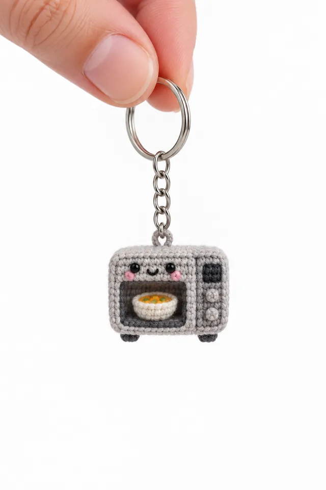 AI concept of a tiny crochet-look gray microwave keychain with a smiling face and a bowl of ramen visible through its dark door window.