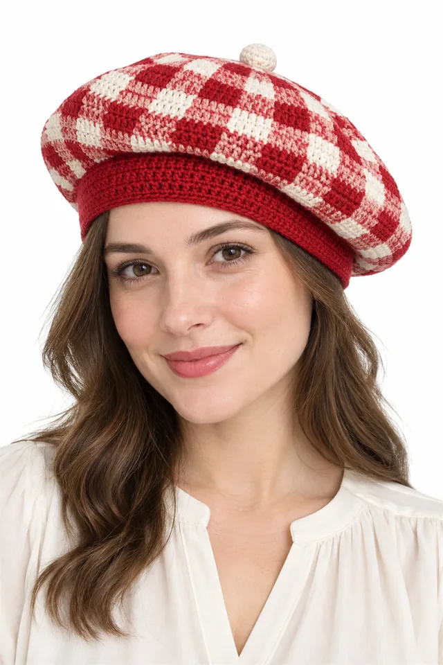 AI concept of a red and white gingham crochet beret.