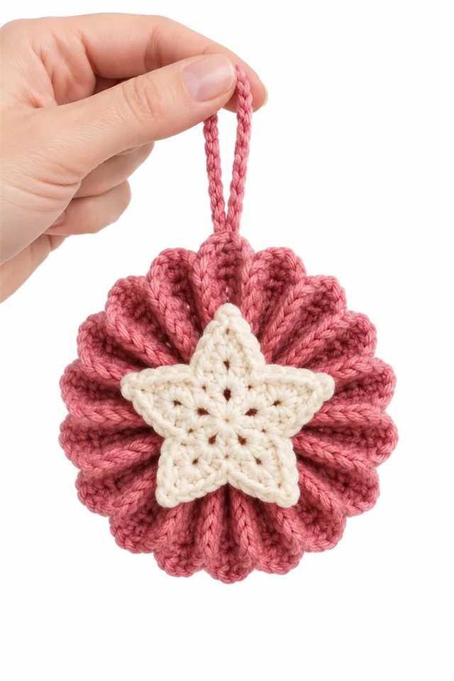 AI concept of a rose pink crochet ornament shaped like an accordion paper rosette.