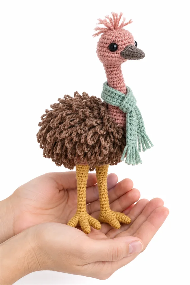 AI concept of a rose crochet emu amigurumi with long neck and scarf.