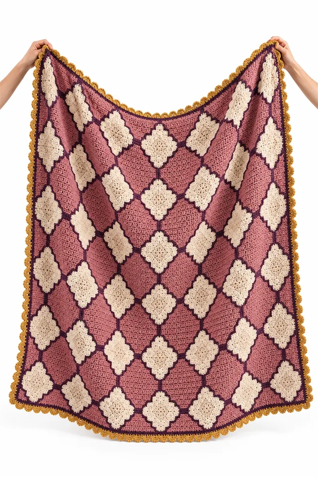 AI concept of a rose pink crochet throw with quatrefoil tile pattern.