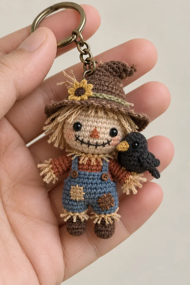 AI concept of a chibi crochet scarecrow keychain with a small crow on its arm.