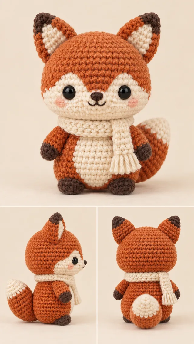 AI concept of an orange crochet-look fox with a white face and chest, dark paw tips and a fluffy tail, wearing a cream knitted scarf.