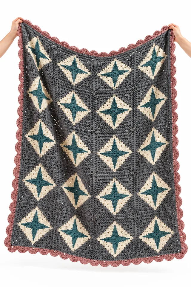 AI concept of a slate gray crochet throw with compass star tile medallions.