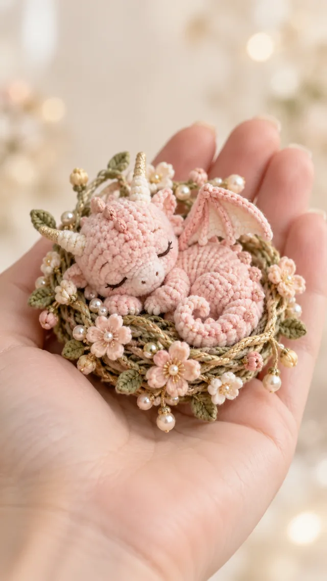 AI concept of a sleeping pink crochet dragon with folded limbs, small wings and green horn details curled in a flower-filled nest on a hand.