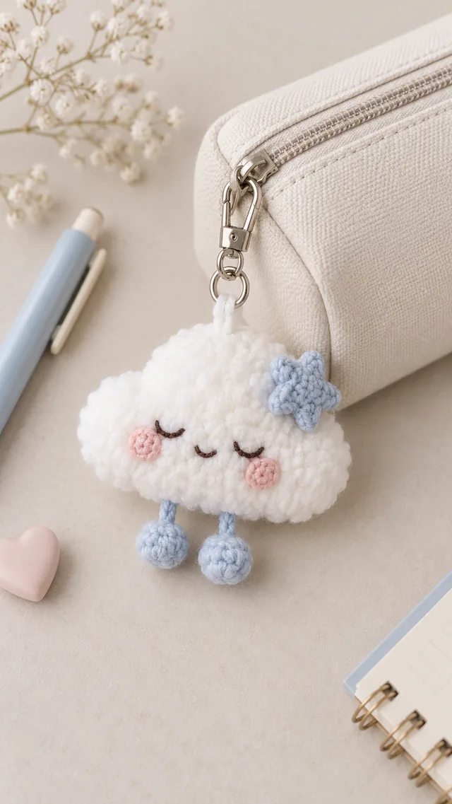 AI concept of a kawaii crochet cloud bag charm with sleeping face and raindrop feet.