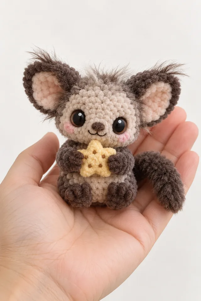 AI concept of a tiny crochet-look fluffy fox amigurumi with oversized dark-tipped ears holding a yellow star against its chest, held in a hand.
