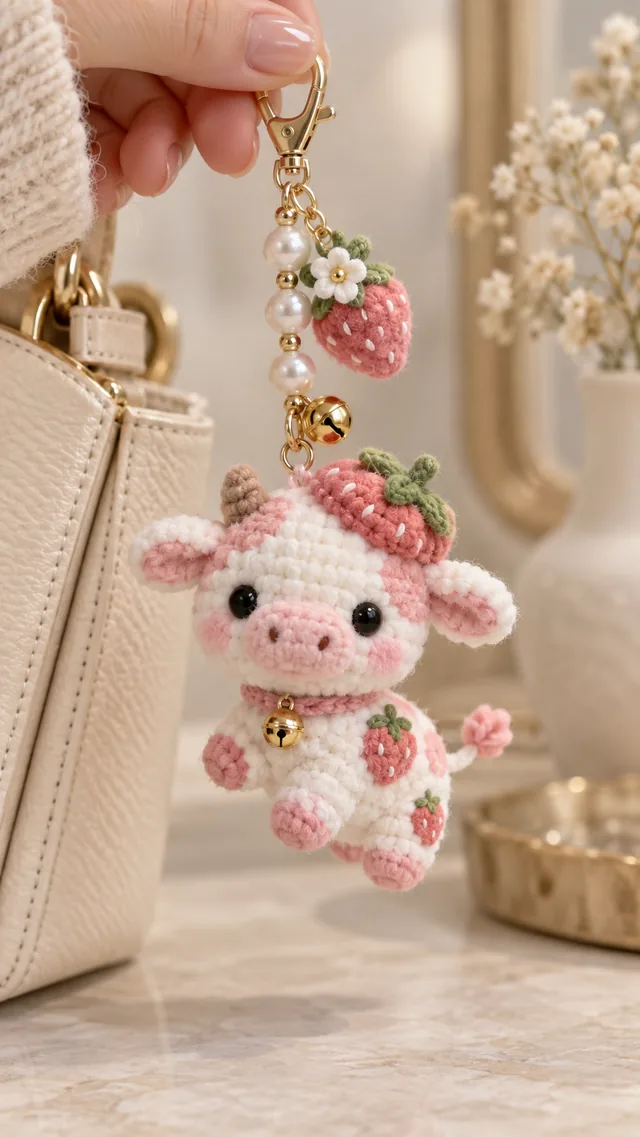 AI concept of a kawaii crochet cow bag charm with strawberry spots and flower crown.