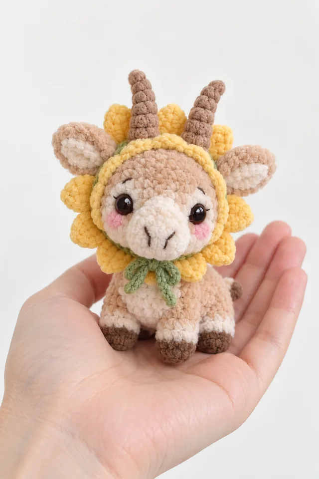 AI concept of a tiny crochet-look giraffe amigurumi with a yellow sunflower ruff around its head, green leaf tie and brown horn nubs, held in a hand.