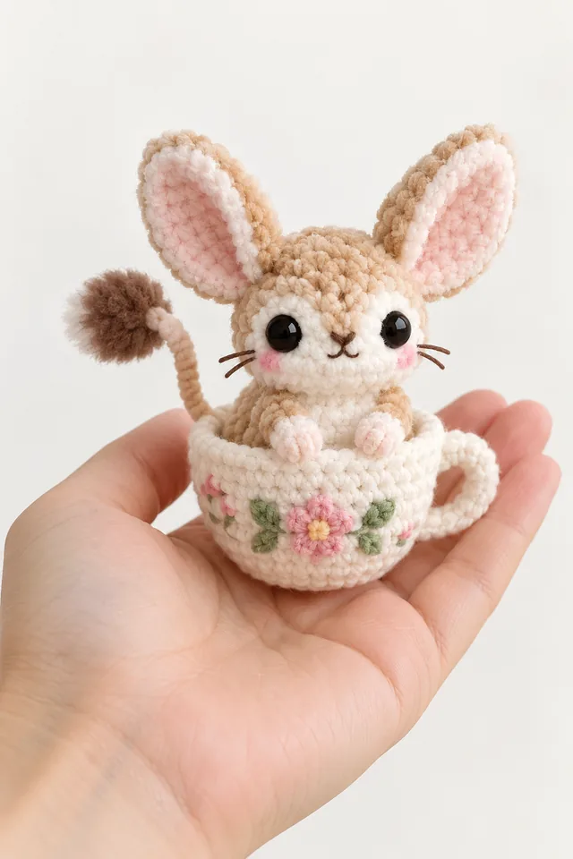 AI concept of a tiny crochet-look cream bunny with tall ears sitting inside a white teacup decorated with pink flowers and green leaves, held in a hand.