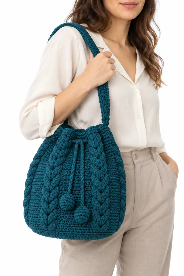 AI concept of a teal crochet bucket bag with cable texture.