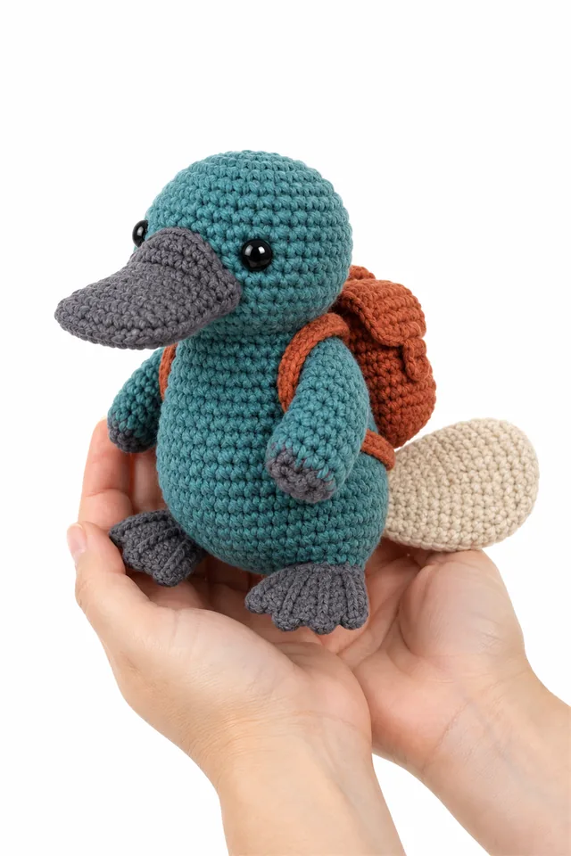 AI concept of a teal crochet platypus amigurumi wearing a tiny backpack.