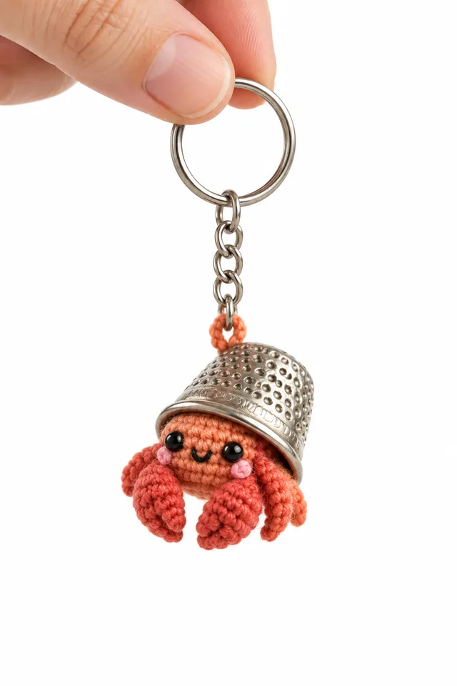 AI concept of a tiny crochet-look orange hermit crab keychain with black eyes and pink cheeks, its shell replaced by a dimpled metal sewing thimble.