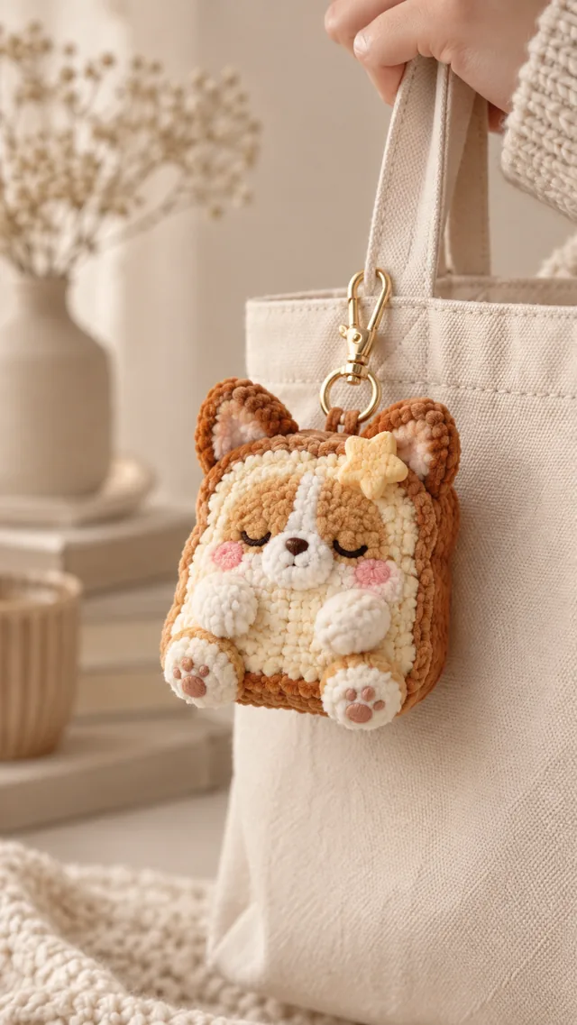 AI concept of a kawaii crochet bag charm shaped like a puppy on a toast slice.
