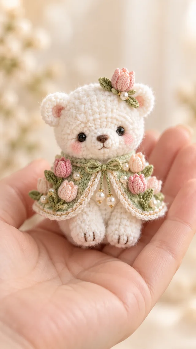 AI concept of a tiny crochet-look cream bear amigurumi wearing a green leafy collar with pink tulip buds, a single tulip on its head, held in a hand.