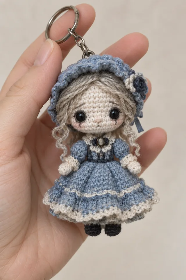 AI concept of a chibi crochet Victorian girl keychain in a blue dress with bonnet.
