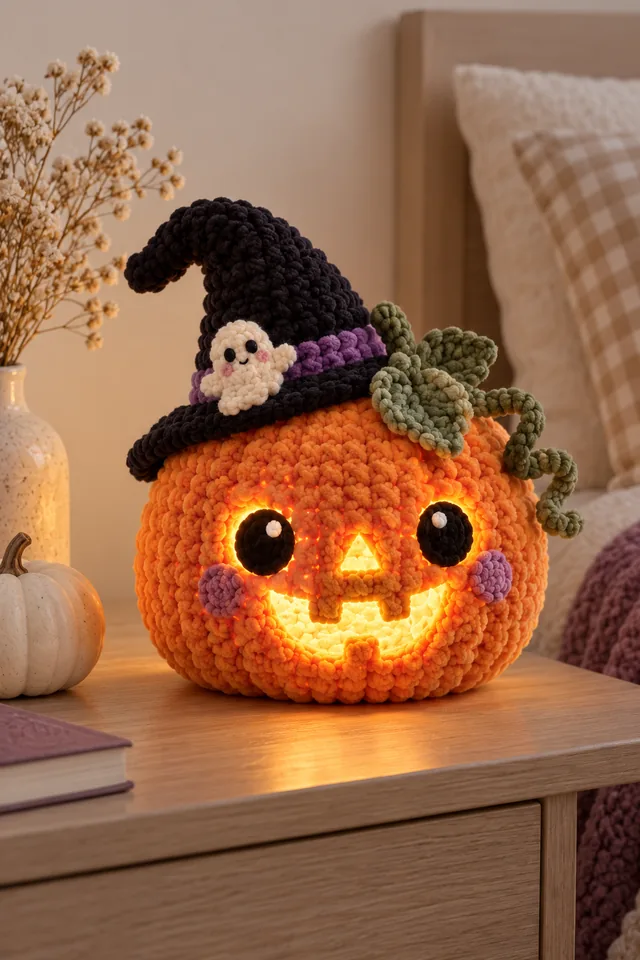 AI concept of a glowing crochet-look orange jack-o-lantern lamp with big eyes, a carved grin, purple cheeks, a tiny ghost and green vines on top, wearing a black witch hat.
