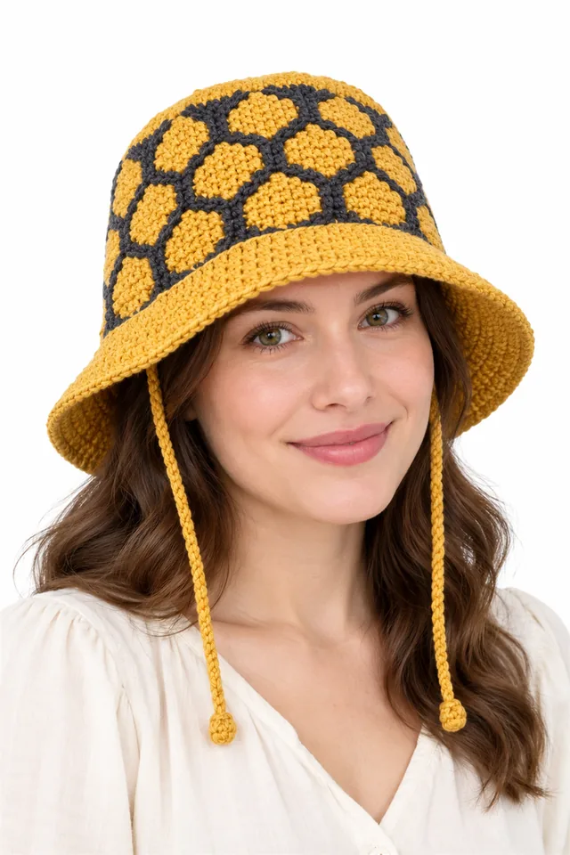 AI concept of a yellow and black crochet bucket hat with honeycomb pattern.